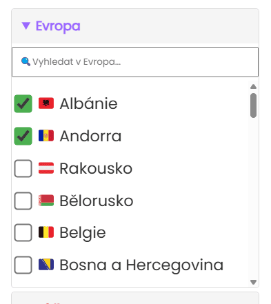 Výběr jednotlivých států