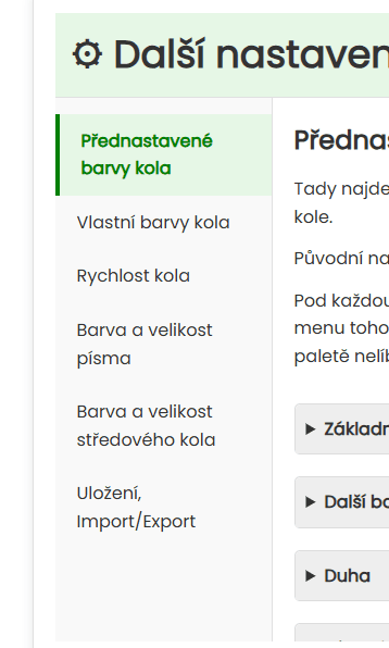 Záložky nastavení kola